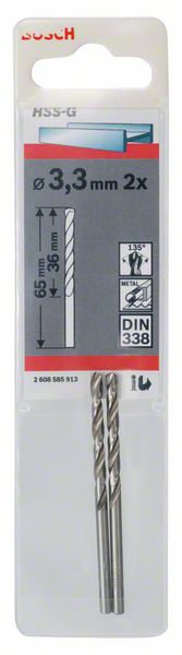 Metaalboor HSS-G, DIN 338, 3,3 x 36 x 65 mm 2x