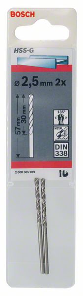 Metaalboor HSS-G, DIN 338, 2,5 x 30 x 57 mm 2x